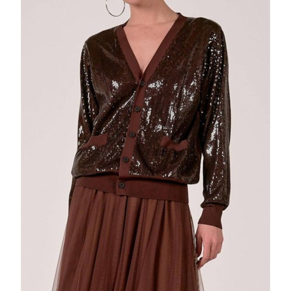 NWT ELAN Sequin Cardigan Brown Black Relaxed V Neck Button Front Holiday NYE
